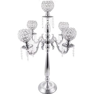 Kandelaar met 5 armen, kristallen decoratie, zilver, kristallen kaarsenhouder, gebruikt voor bruiloft, tafeldecoratie, verjaardagscadeau (zilver)