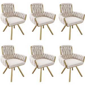 Merax Fluwelen Eetkamerstoelen Set van 6 – Beige Stoelen met Armleuningen en Gouden Stalen Poten – 360° Draaifunctie