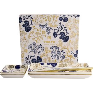 Tokyo Design Studio – Sushi Servies Set Flora Japonica Gold – Met Giftbox en Eetstokjes – 4 Stuks