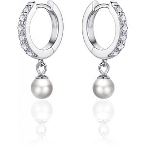 Jewels Inc. - Oorbellen - Oorringen gezet met Zirkonia en beweegbare Parel onder de oorring - 16mmØ - 2mm Breed - Gerhodineerd Zilver 925
