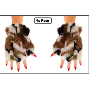 4x Paar Vingerloze handschoenen camouflage pluche - Thema feest carnaval dieren leger festival winterfeest