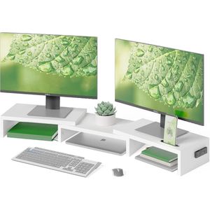 Verstelbare Dual Monitor Stand met Smartphone Houder - Houten Bureau Organizer voor PC, Laptop en Printer
