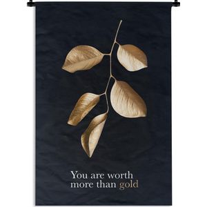 Wandkleed Golden leaves staand - Gouden tak met bladeren met de quote - You are worth more than gold Wandkleed katoen 90x135 cm - Wandtapijt met foto