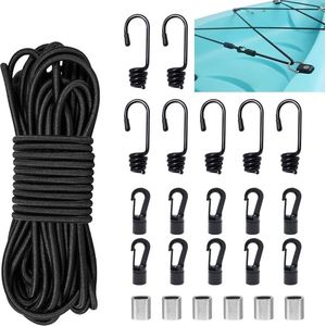 15mx6mm Expanderseil Gummiseil Schwarz Gummispanner Spanngummi Elastisches Bungee Seil Gummi Spannseil Gummischnur Planenseil mit Spiralhaken Pressklemmen für Anhängerplane Planen Zelte