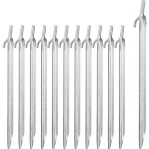 Tent Pegs 12 Pieces Hard Ground Stakes Steel Pegs with Hook and Head 12 Inches Long Silver - Strong Camping Pegs
