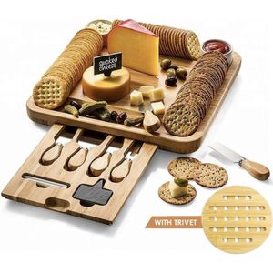 ECO LIFE KITCHEN Bamboe kaasplank, incl. 4-delige messenset, 2 x keramische schalen - meer extra's, serveerplank - kaasplank, cadeau voor vrienden & familie, feest.