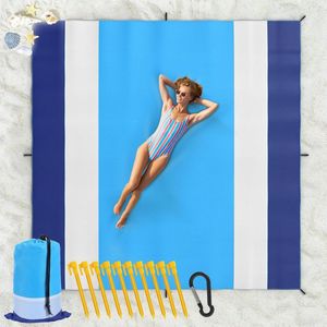 Extra Large 118"" x 118"" Sandproof Beach Blanket with Stakes & Pockets for Adults - Quick Drying Picnic Mat for Travel, Camping, Hiking - Light Blue & White & Deep Blue
