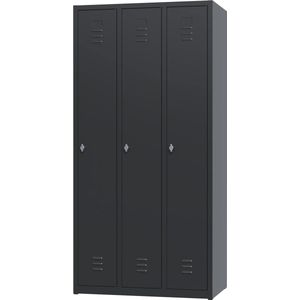 Metalen lockerkast zwart - 3 deurs 3 delig - met slot - 180x88,5x50 cm - voordeel lijn - PLP-104