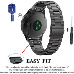 Zwart Stalen sporthorlogebandje geschikt voor Garmin Fenix 5 (& 5 Plus & Sapphire) / Garmin Forerunner 935/945 / Garmin Quatix 5 / Fenix 6 (&6 Plus) – Maat: zie maatfoto – Quickfit Compatibel – 22 mm zwart metalen Schakel smartwatch strap