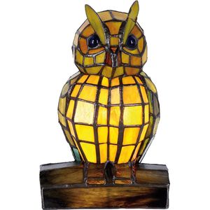 HAES DECO - Tiffany Tafellamp Uil 15x12x22 cm Geel Glas Tiffany Lampen Nachtlampje Glas in Lood