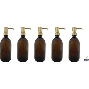 BBBLS Design Dispenser 5 stuks Giftset ""Blanco"" | Bruin Kunststof | 500ml | RVS / Metaal Pomp Goud| Zeeppomp | Zeepdispenser | Zeephouder