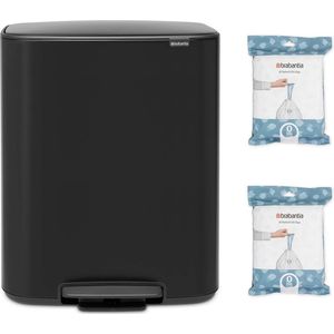 Brabantia Bo Prullenbak - 2 x 30 liter - met 80 Vuilniszakken - Afvalscheiding - Matt Black