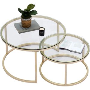 Hanimo Set van 2 Ronde Bijzettafels - Ronde Salontafels - Bijzettafel Metaal met Gehard Glas - Koffie Tafel - 60&40cm - Goudkleurig Onderstel