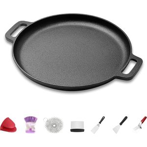 Gietijzeren pan, pizzapan met dubbele handgreep, bakplaat, bakvorm, gietijzeren pannen voor kookplaat, oven, BBQ-dia. 30 cm pizzaoven met 7 accessoires