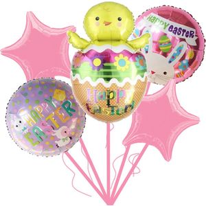 Loha-party® Paasdecoratie Ballon-vrolijk pasen-Feestartikelen voor Pasen-Gekleurde eieren-XL kuiken uit de schaal folie ballon-Kuikentje Folie Ballon-Easter-Lente -Happy Easter-Konijn-Roze Folie Ster-Feestpakket-Versiering-Decoratie