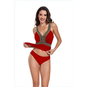 Tankini-badpak voor dames/grote maten zwempak met V-hals/sexy bikini-cover-up, rood XL