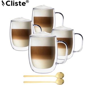 Cliste Dubbelwandige Koffieglazen Met Oor Met Gratis 4x Lepels - Latte Macchiato Glazen - 400ML - Dubbelwandige Theeglazen - 4x - Cappuccino Glazen