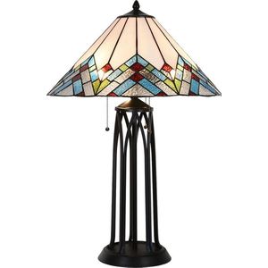 LumiLamp Tiffany Tafellamp Ø 51x75 cm Beige Blauw Glas Driehoek Tiffany Bureaulamp