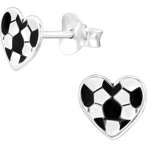 Joy|S - Zilveren voetbal hartje oorbellen - 7 x 6.5 mm - zilver zwart - kinderoorbellen
