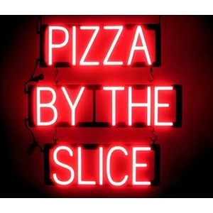 PIZZA BY THE SLICE - Lichtreclame Neon LED bord verlicht | SpellBrite | 57 x 60 cm | 6 Dimstanden - 8 Lichtanimaties | Reclamebord neon verlichting