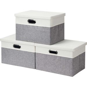 Opbergdozen met deksels - Opbergmanden voor planken - Opvouwbare stoffen opbergbakken - Organizer voor thuis en op kantoor - Lichtgrijs en wit - Medium groot - 39 x 27 x 25 cm - 3 stuks