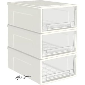 Mrs. Jones 5L x 3 kunststof opbergladen - bureau-organizers ladeorganizer opbergdoos stapelbare toren voor desktop slaapkamer slaapzaal cosmetica duurzaam PP BPA-vrij wit helder 5 l 3 stuks .
