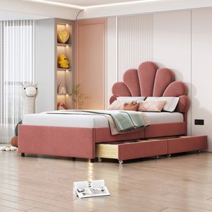 KOMHTOM Kinderbed 90x200 cm Eenpersoonsbed met 2 opbergvakken logeerbed fluwelen stof roze