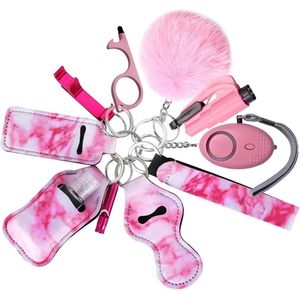 Self Defense Sleutelhangerset voor vrouwen, 8-in-1 zelfverdedigingssleutelhangerset, veiligheidsalarm, veiligheidshamer met gordelsnijder (roze)