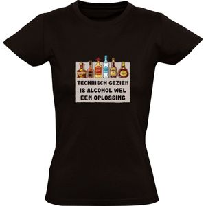 Technisch gezien is alcohol wel een oplossing Dames Shirt | Bar | T-shirt | Kroeg | Cafe | Horeca | Feest | Drank | Bier | Wijn | Zuipen | Dronken | Stap | Festival | Bar