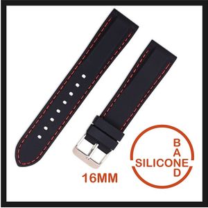 16mm Rubber Siliconen horlogeband zwart met Oranje stiksels passend op o.a Casio Seiko Citizen en alle andere merken - 16 mm Bandje - Horlogebandje horlogeband