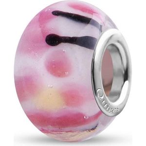 Quiges - Glazen - Kraal - Bedels - Beads Roze met Roze Vlekken en Zwarte Details Past op alle bekende merken armband NG1956