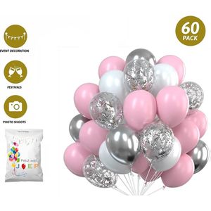 FeestmetJoep® 60 stuks ballonnen Zilver, Roze & Wit – Verjaardag Versiering