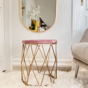 Luxaliving Poef -Goud/Roze - Kaptafel Kruk-make up kruk-Poef - Ronde Poef met Gestoffeerde Zitting en Metalen Poten - Metaal - Ø 34 x H44 cm