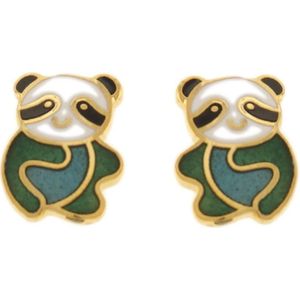 Behave Oorbellen oorstekers panda goud kleur met zwart wit en groen emaille 1cm