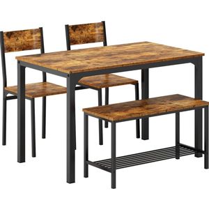 Eetgroep eettafel set 4-delig eetkamertafel meubels tafel set 2 stoelen en zitbank met plank van hout en stalen frame voor eetkamer keuken