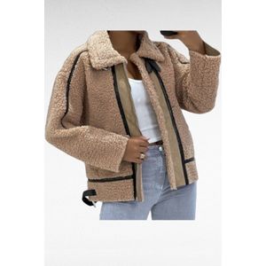 Dilena fashion Piloten jack-jas-vest -zakken leder faux bewerking teddy beige