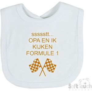 Soft Touch Slabber Slabbetje Slab ""Opa en ik kijken Formule 1"" Formule 1 33 x 22 Cm Katoen Wit/tan