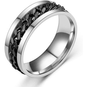Fidget Ring Zilver - Zwart (Maat 60 - 19 mm - 19.0 mm) - Anxiety Ring - Angst Ring - Stress Ring Heren / Dames - Spinning Ring - Draai Ring - Zilver Roestvrij Staal - Spinner Ring