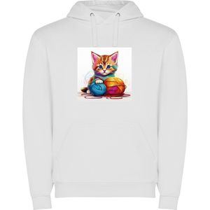 Witte unisex hoodie met “ Kleurrijke Kitten met bol wol“ Print Full merk Roly maat 3XL