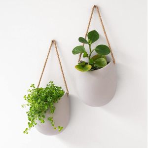 Wandplantenbakken -Ellie- | Hangende Keramische Plantenpotten 2 stuks | Wanddecoratie voor Binnen Balkon en Tuin | Lichtgrijs (mat)