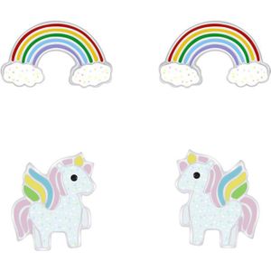 Zilveren regenboog en unicorn kinderoorbellen | unicorn oorknopjes Meisje Zilver | regenboog oorknopjes Meisje Zilver | kindersetje oorstekers | kindersieraden meisje sets zilver |  Zilverana | Sterling 925 Silver