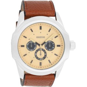OOZOO Timepieces - Zilverkleurige horloge met bruine leren band - C10316