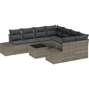 vidaXL - 9-delige - Tuin - Sofa - Set - met - Kussens - Grijs - Poly - Rattan