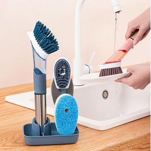 Multifunctionele vaatwasser Borstel Set, vaatwasser Borstel Set Met Houder voor de keuken, Vervangende Opzetborstels, Zeep controle, vaatwasser bar, Herbruikbare vaatwasser borstel, Scrubber, blauw