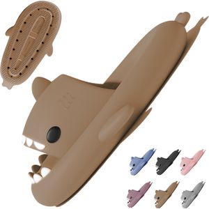 Geweo Shark Slides - Haai Slippers - Badslippers - Pantoffels Heren Dames - Douchepantoffels - Haaienpantoffels - Zomer Antislip Platform Kussen Glijbanen Slippers - Bruin - Maat 4142