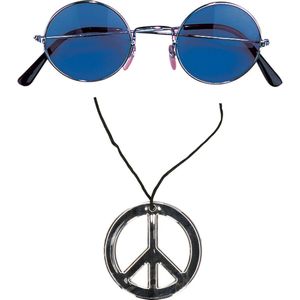 Toppers in concert - Smiffys Hippie Flower Power verkleed set peace ketting en ronde blauwe glazen party bril
