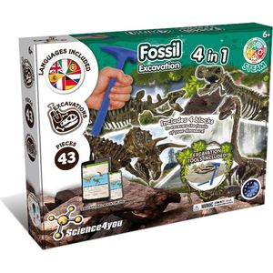Science4you Fossil Excavation 4-in-1 Kit - Dinosaurus Fossielen Opgraven - Opgravingsset Dino - met Beitel & Hamer