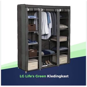 LG Life’s Green Opvouwbare Kleerkast – 143x44x169CM – Kledingrek met 12 Legplanken en Ophangstang – Stoffen Kledingkast – 225KG Draagvermogen – Grijs