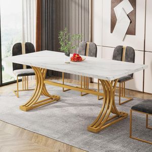 TRIBESIGNS Eettafel - Keukentafel - 160 x 80 x 75 cm - Eetkamertafel Voor 6 Personen - met Stevige Metalen Poten - Modern Design - Wit en Goud