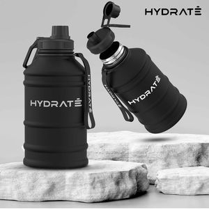 HYDRATE roestvrijstalen waterfles van 2,2 liter - zwart - BPA-vrije metalen sportwaterfles - handige roestvrijstalen waterfles, wandelwaterfles, nylon draagriem en lekvrije schroefdop